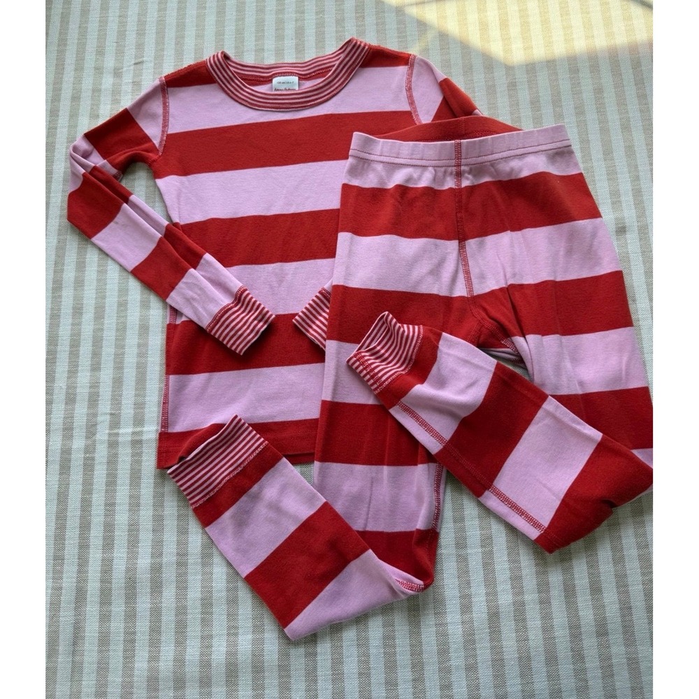 Hanna Andersson Kids Red Pink Striped Pajamas Set Organic Cotton 120 cm US 6-7